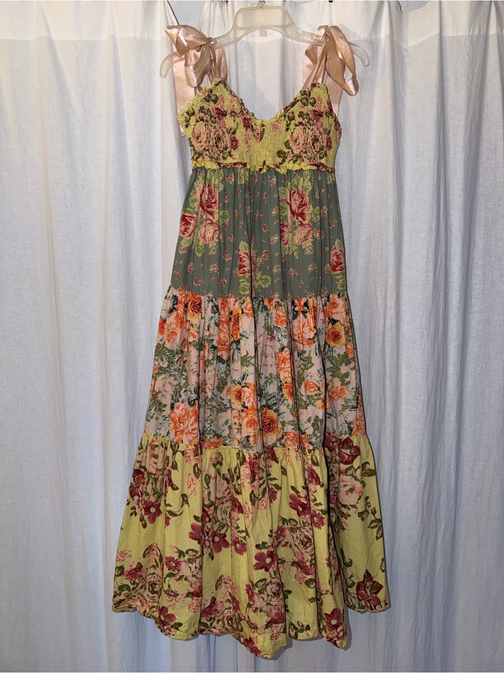Free People Mixed Floral Tiered Maxi Dress with Pink Ribbon Straps - Picture 5 of 9